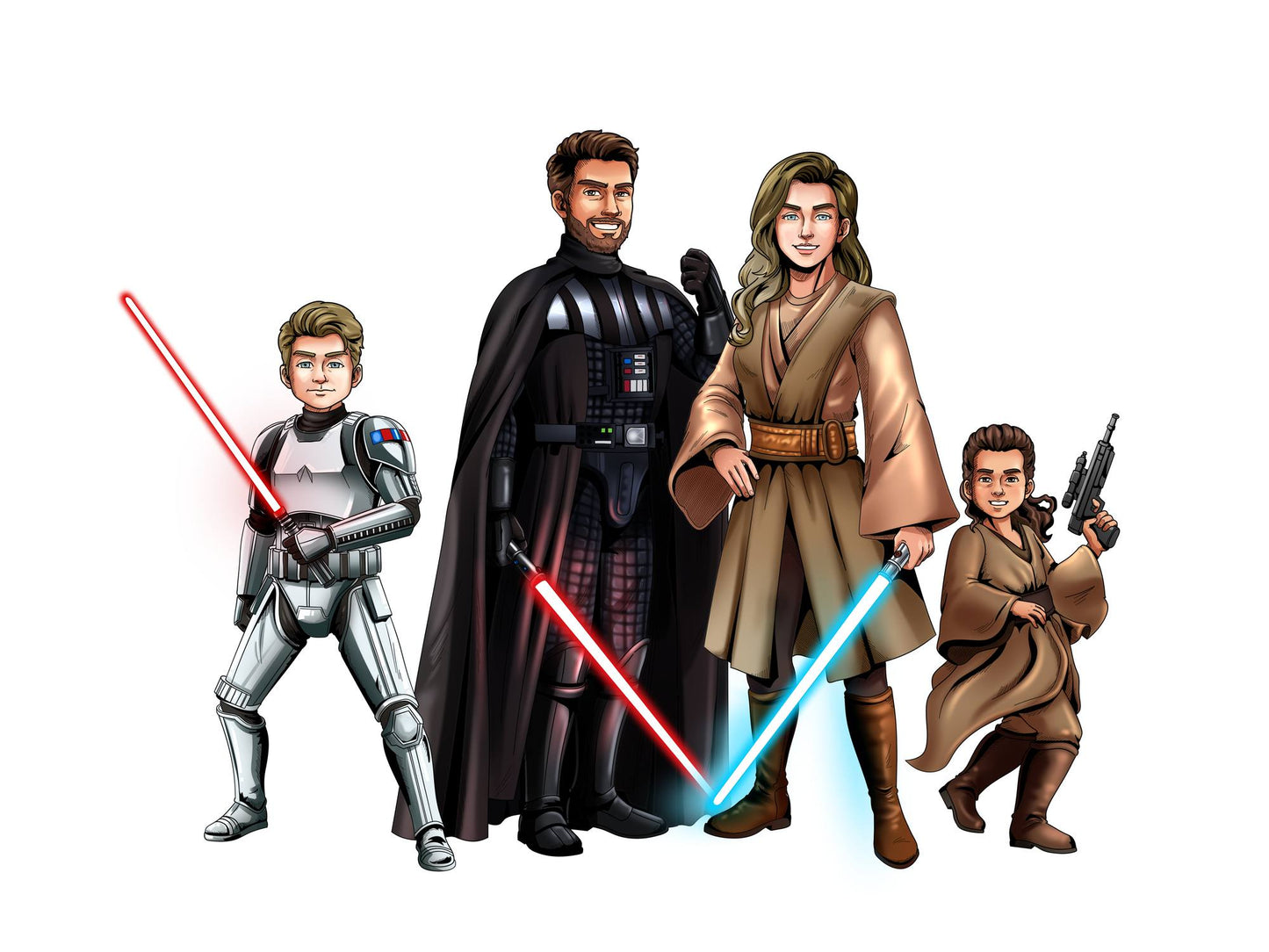 Custom Star Wars-style Jedi portrait of four people — hand-drawn family illustration with lightsabers