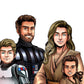 Custom Star Wars-style Jedi portrait of four people — hand-drawn family illustration with lightsabers