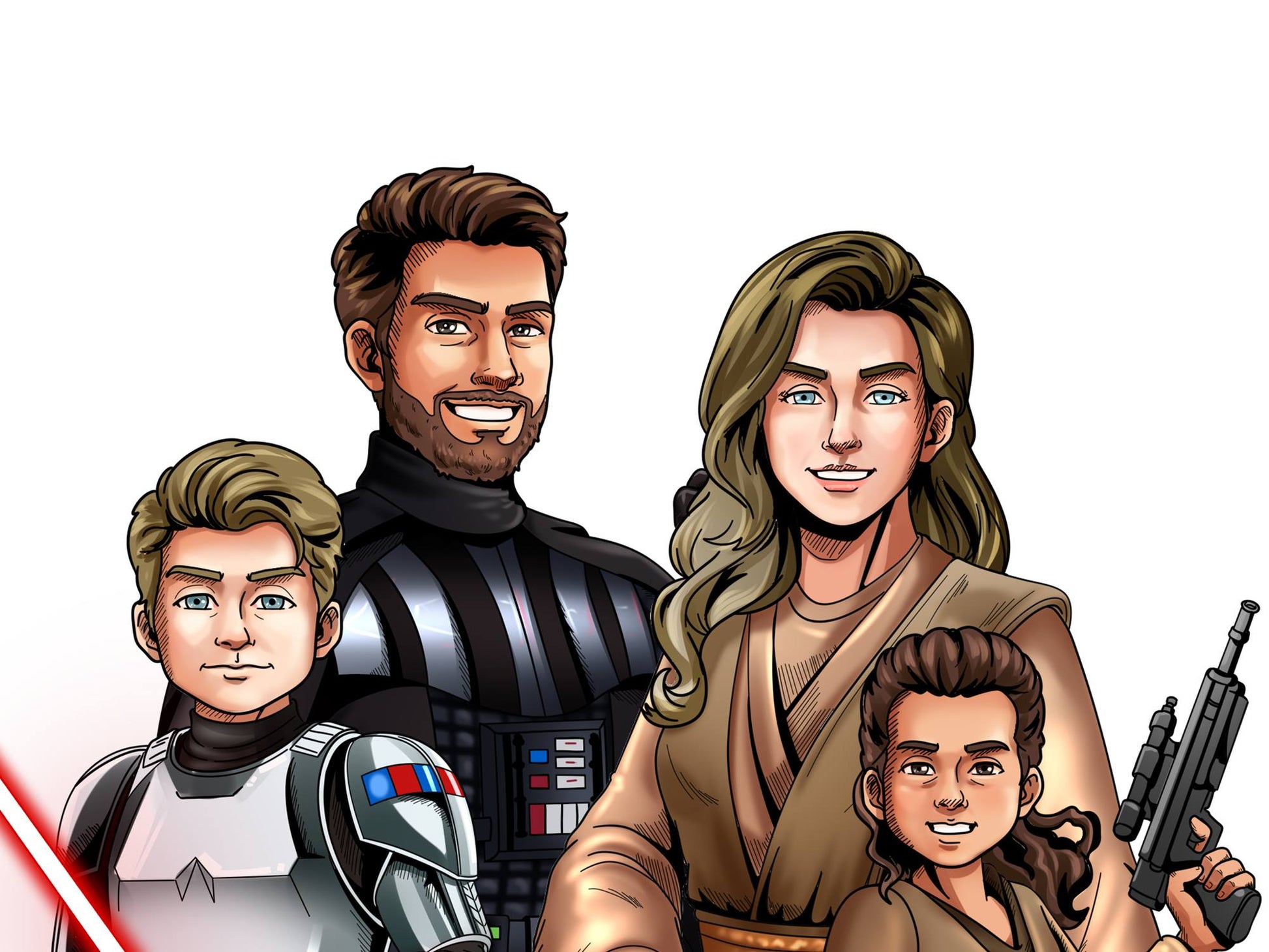 Custom Star Wars-style Jedi portrait of four people — hand-drawn family illustration with lightsabers