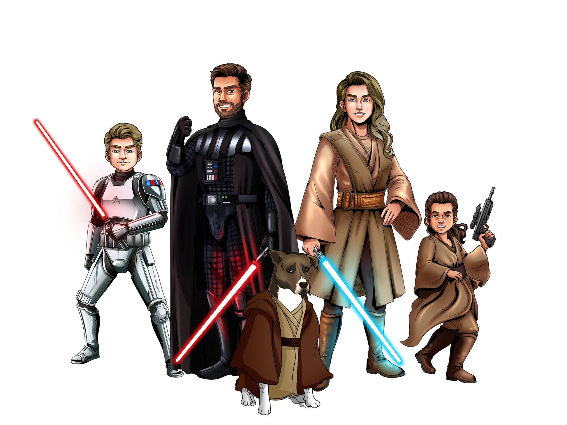 Custom Star Wars-style Jedi portrait of a large group — hand-drawn illustration with multiple people holding lightsabers