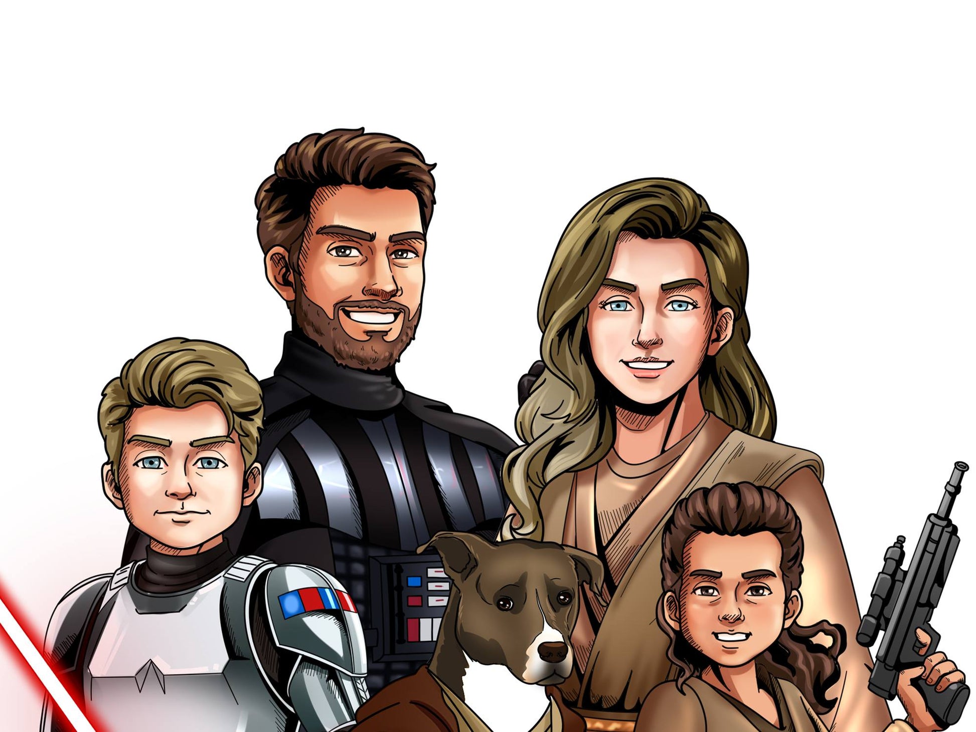 Custom Star Wars-style Jedi portrait of a large group — hand-drawn illustration with multiple people holding lightsabers