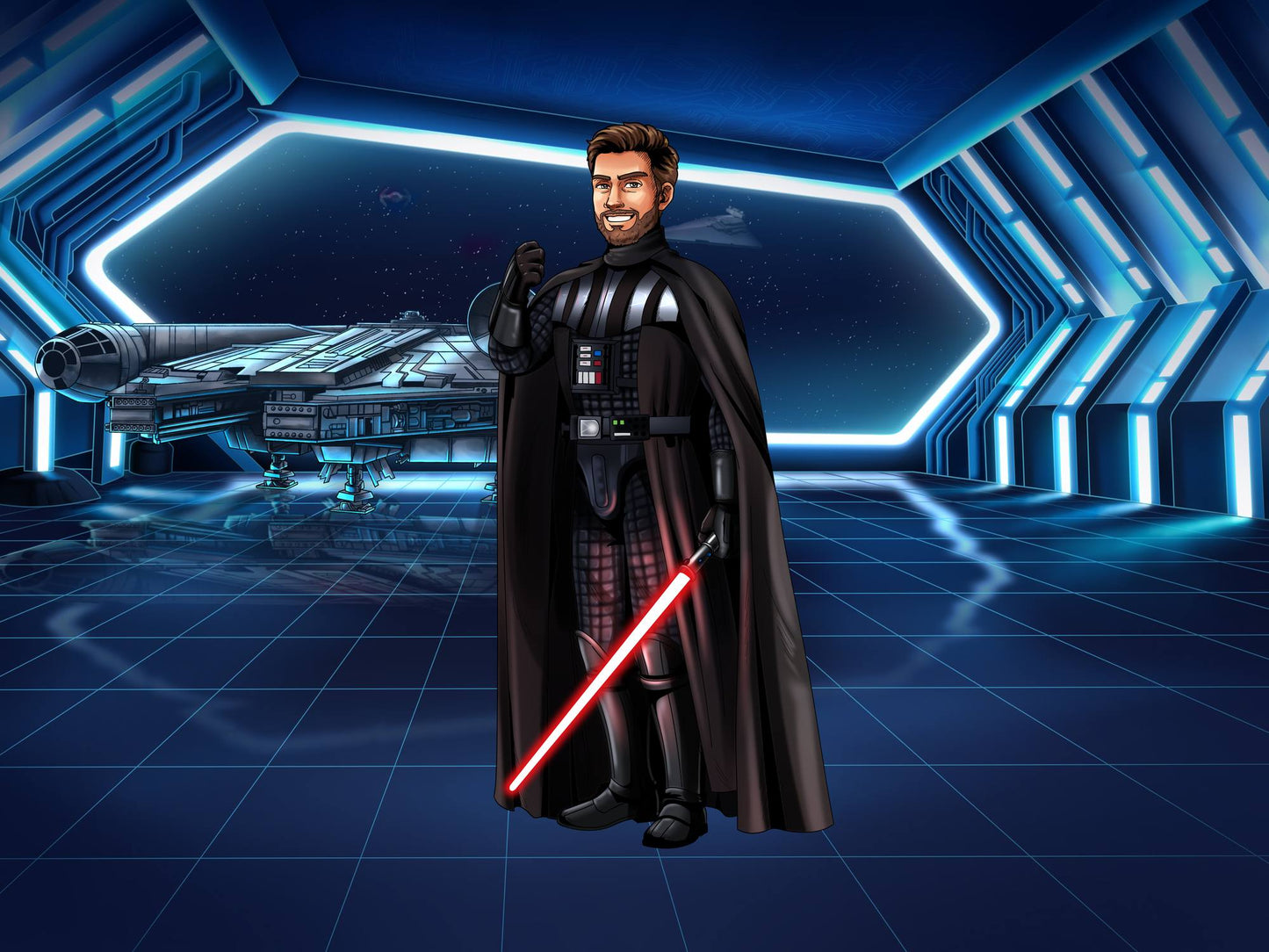 Custom Star Wars-style Jedi portrait of one person — hand-drawn illustration in Jedi robes with lightsaber