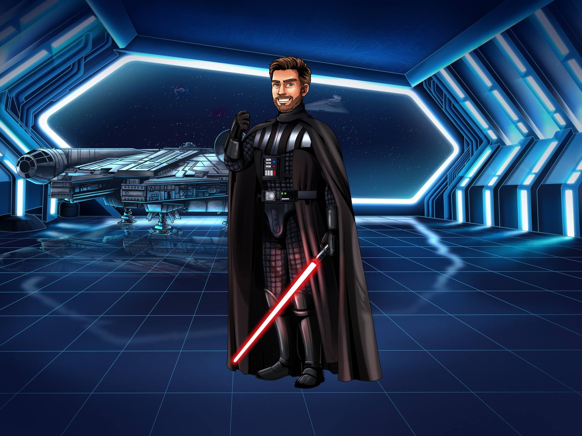 Custom Star Wars-style Jedi portrait of one person — hand-drawn illustration in Jedi robes with lightsaber