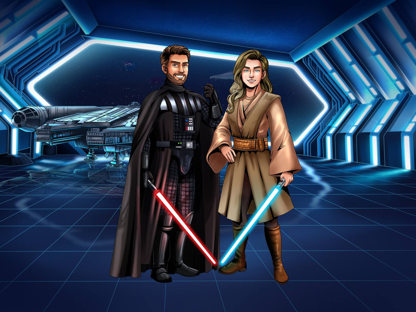 Custom Star Wars-style Jedi portrait of two people — hand-drawn couple illustration with lightsabers