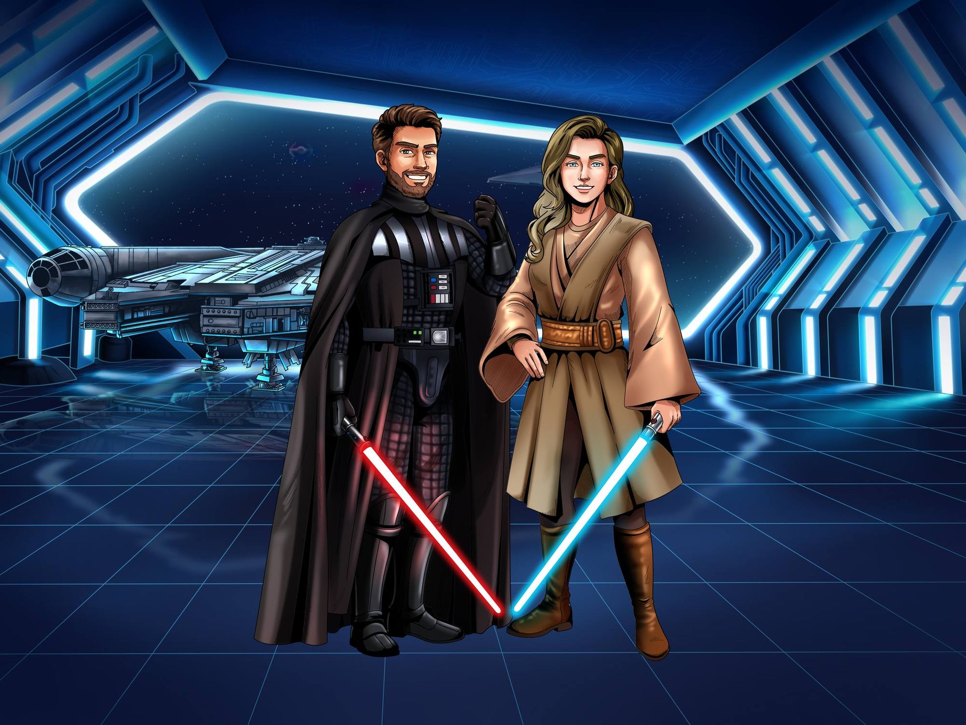 Custom Star Wars-style Jedi portrait of two people — hand-drawn couple illustration with lightsabers