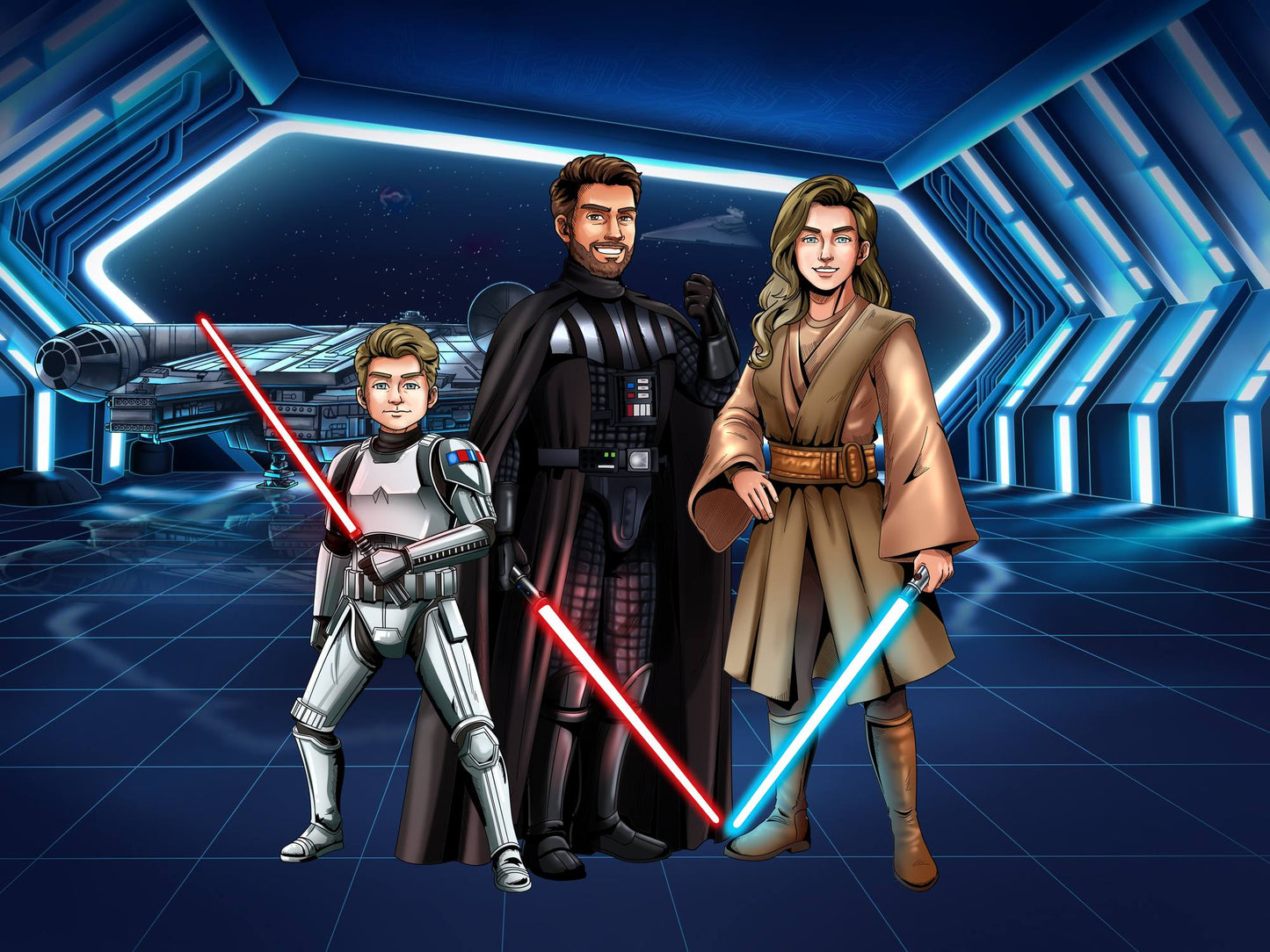 Custom Star Wars-style Jedi portrait of three people — hand-drawn group illustration with lightsabers
