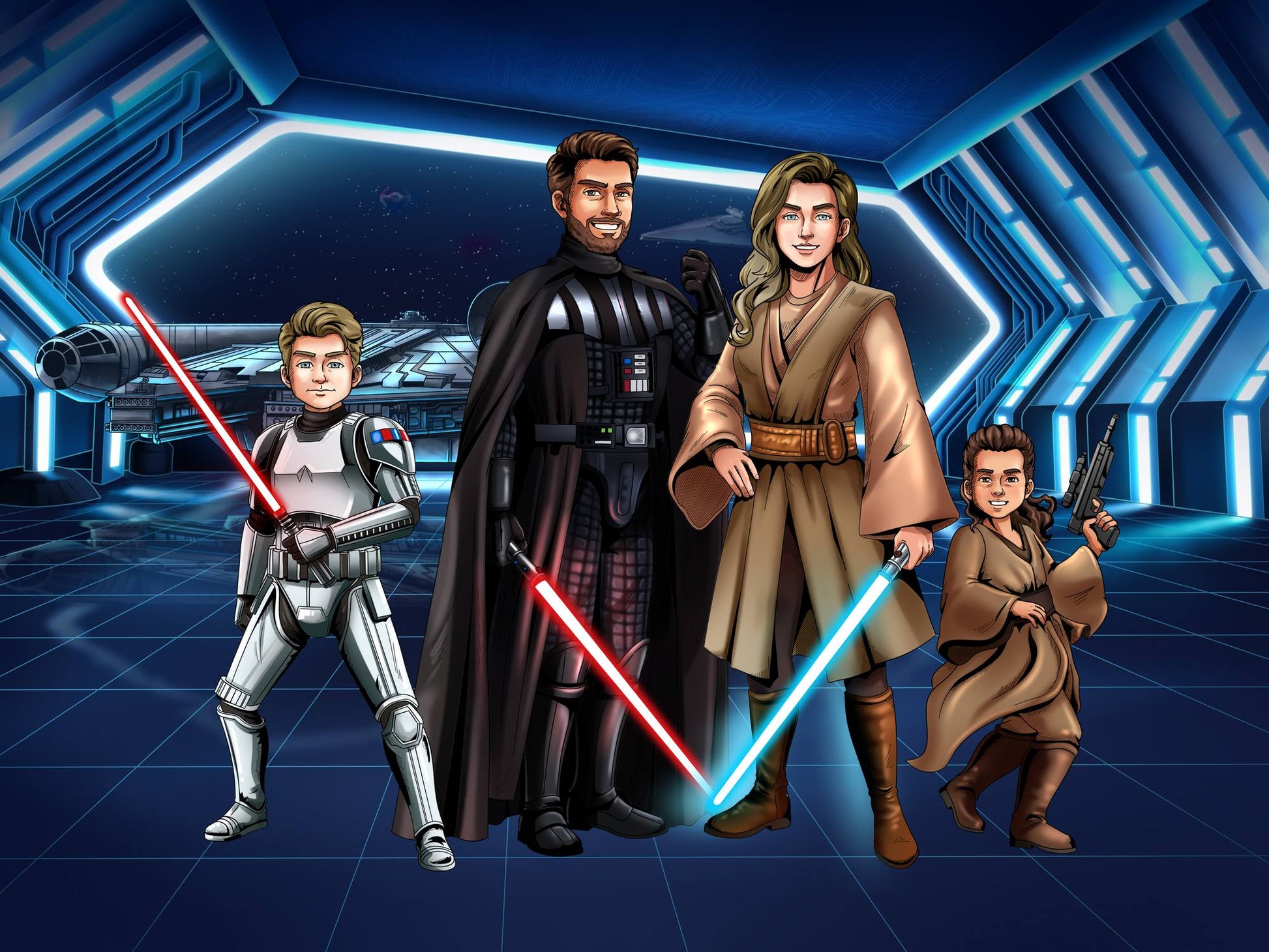 Custom Star Wars-style Jedi portrait of four people — hand-drawn family illustration with lightsabers