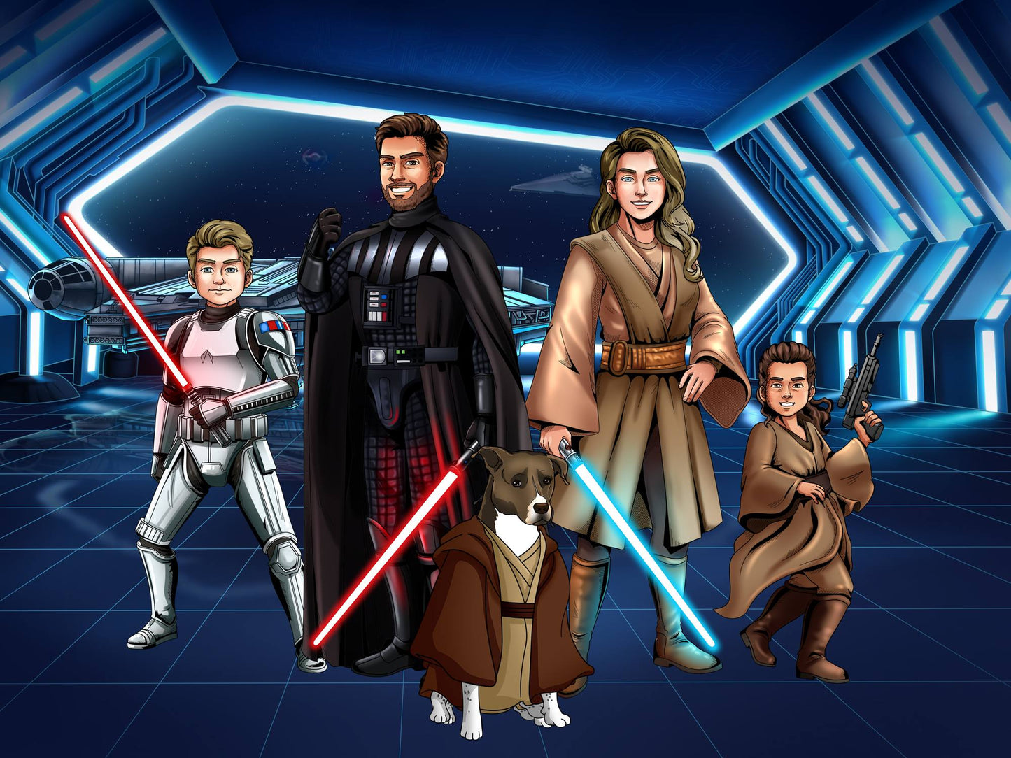 Custom Star Wars-style Jedi portrait of a large group — hand-drawn illustration with multiple people holding lightsabers