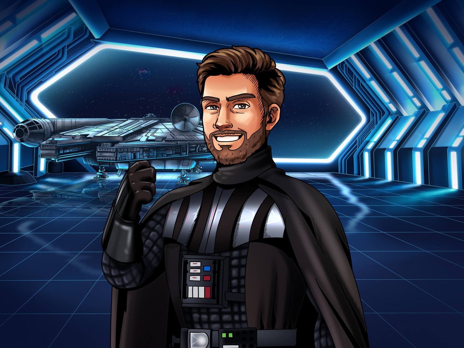 Custom Star Wars-style Jedi portrait of one person — hand-drawn illustration in Jedi robes with lightsaber