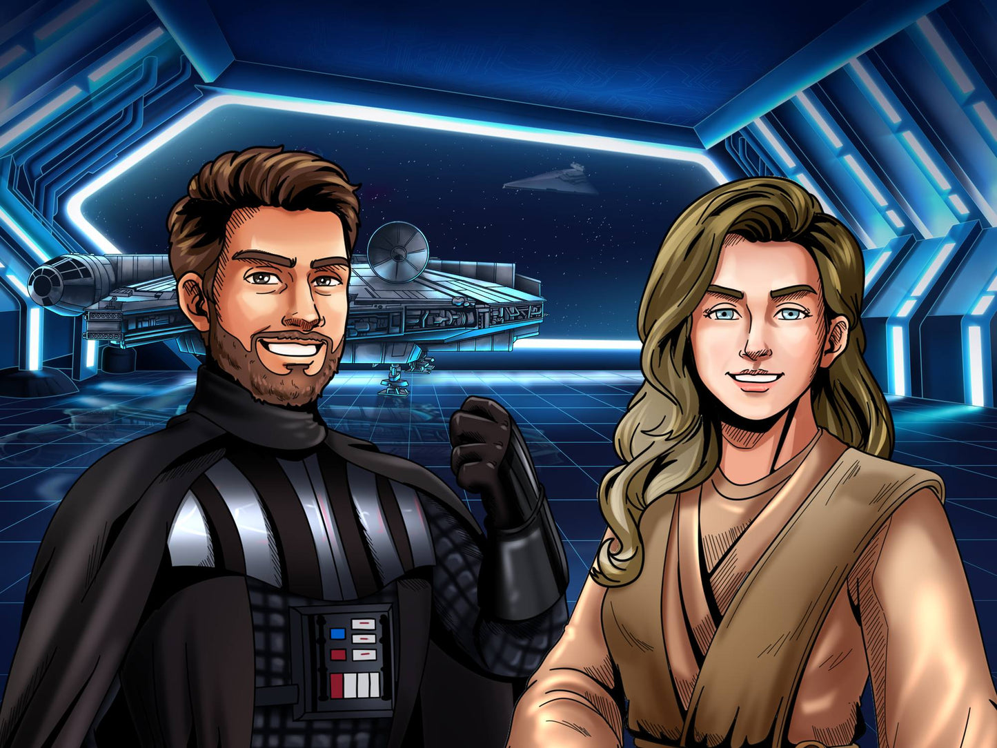 Custom Star Wars-style Jedi portrait of two people — hand-drawn couple illustration with lightsabers