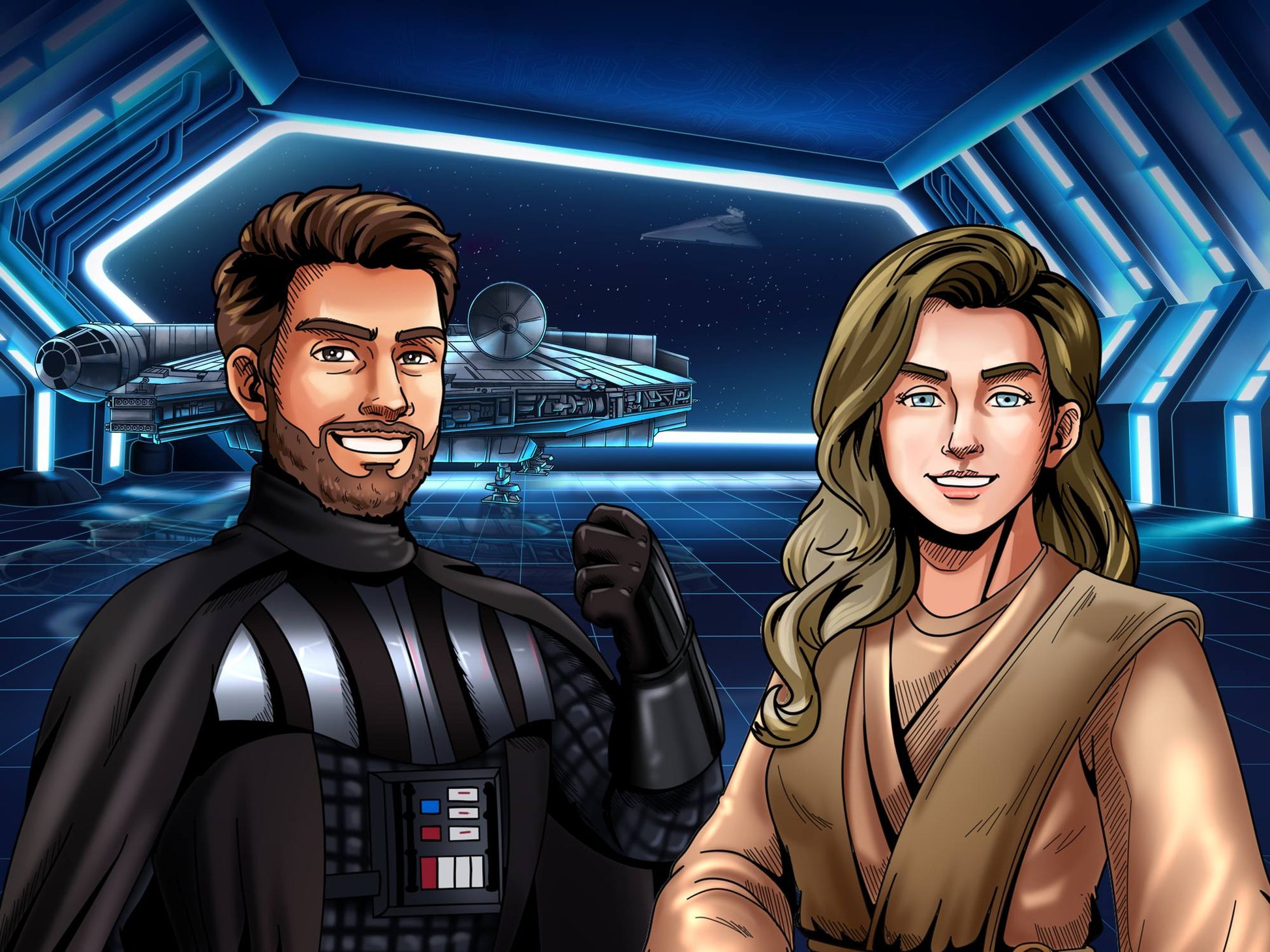 Custom Star Wars-style Jedi portrait of two people — hand-drawn couple illustration with lightsabers