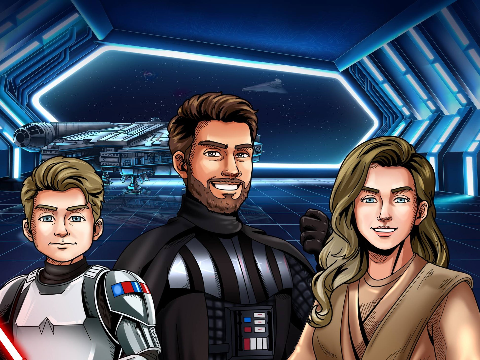 Custom Star Wars-style Jedi portrait of three people — hand-drawn group illustration with lightsabers