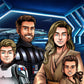 Custom Star Wars-style Jedi portrait of four people — hand-drawn family illustration with lightsabers
