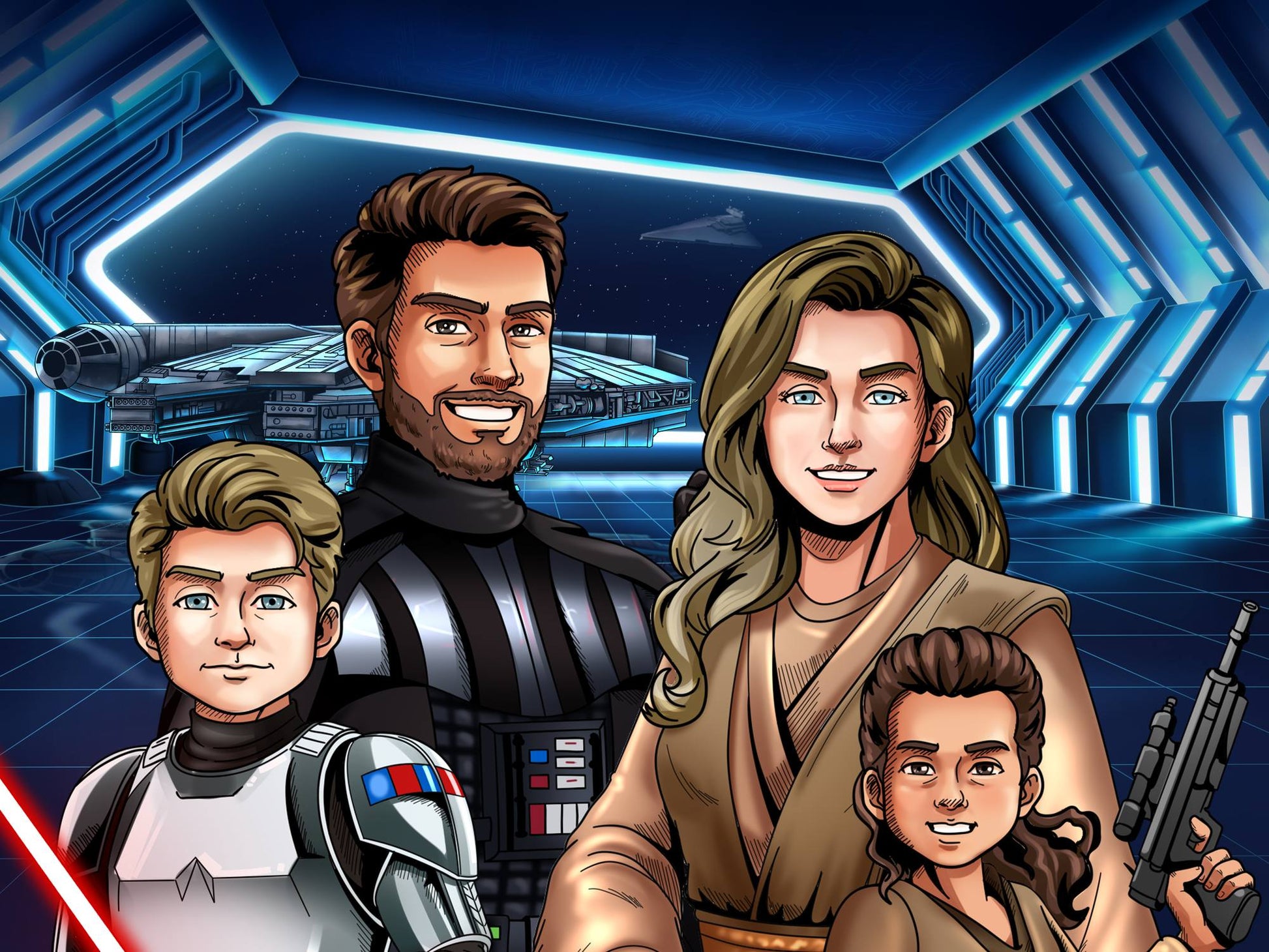 Custom Star Wars-style Jedi portrait of four people — hand-drawn family illustration with lightsabers