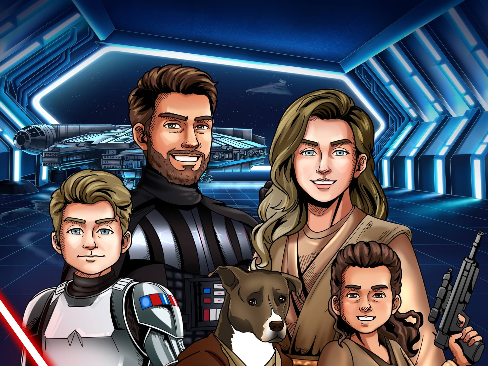 Custom Star Wars-style Jedi portrait of a large group — hand-drawn illustration with multiple people holding lightsabers
