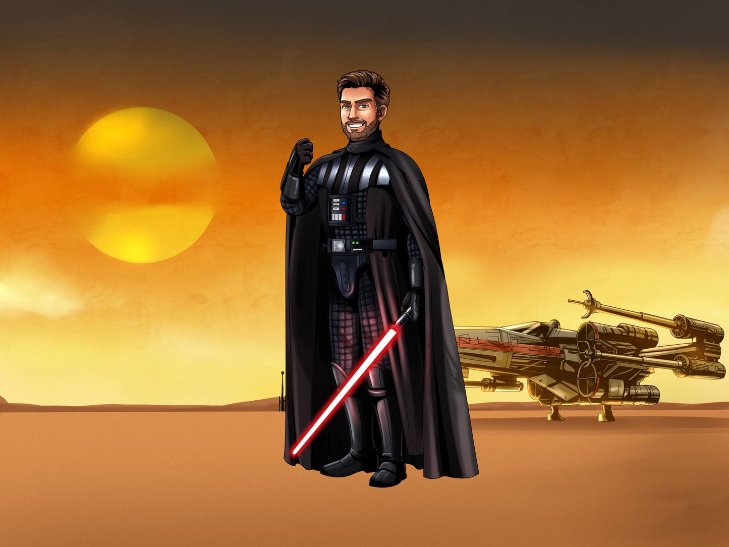 Custom Star Wars-style Jedi portrait of one person — hand-drawn illustration in Jedi robes with lightsaber