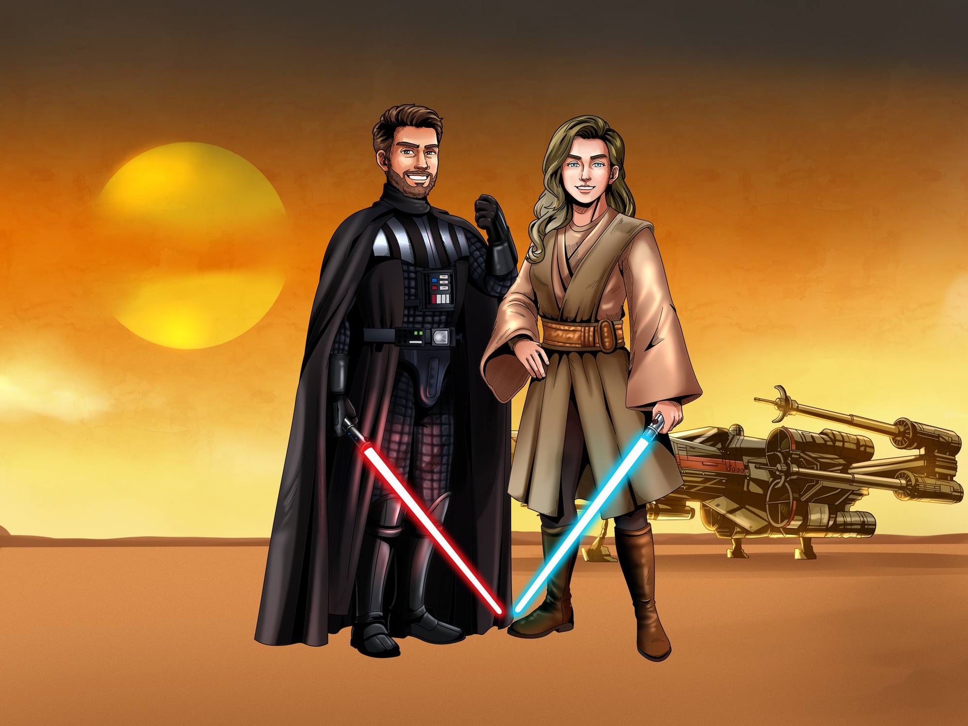 Custom Star Wars-style Jedi portrait of two people — hand-drawn couple illustration with lightsabers