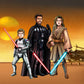 Custom Star Wars-style Jedi portrait of three people — hand-drawn group illustration with lightsabers