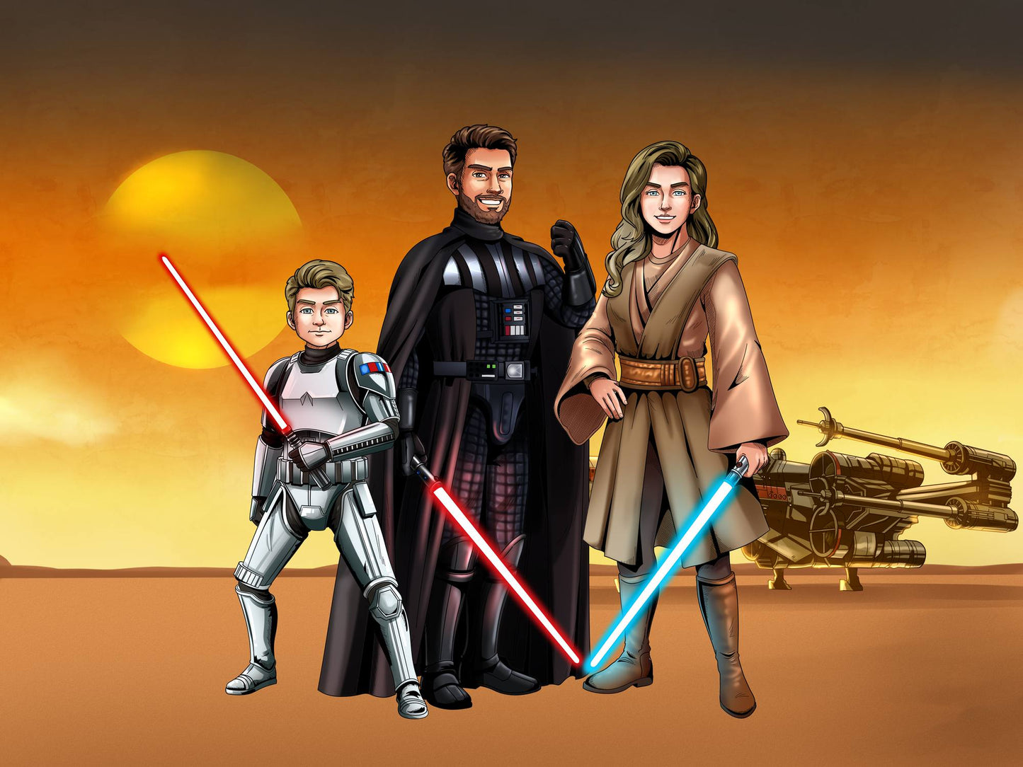 Custom Star Wars-style Jedi portrait of three people — hand-drawn group illustration with lightsabers
