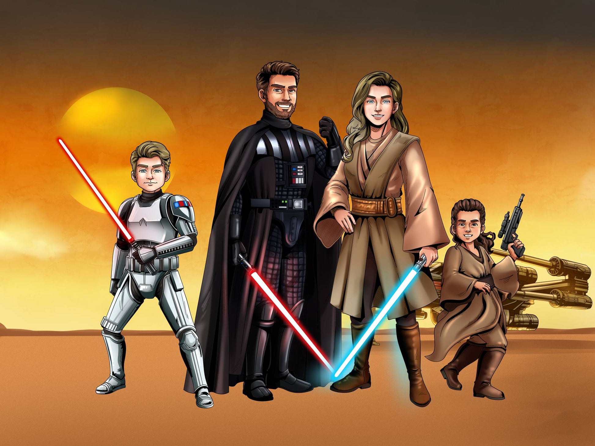 Custom Star Wars-style Jedi portrait of four people — hand-drawn family illustration with lightsabers