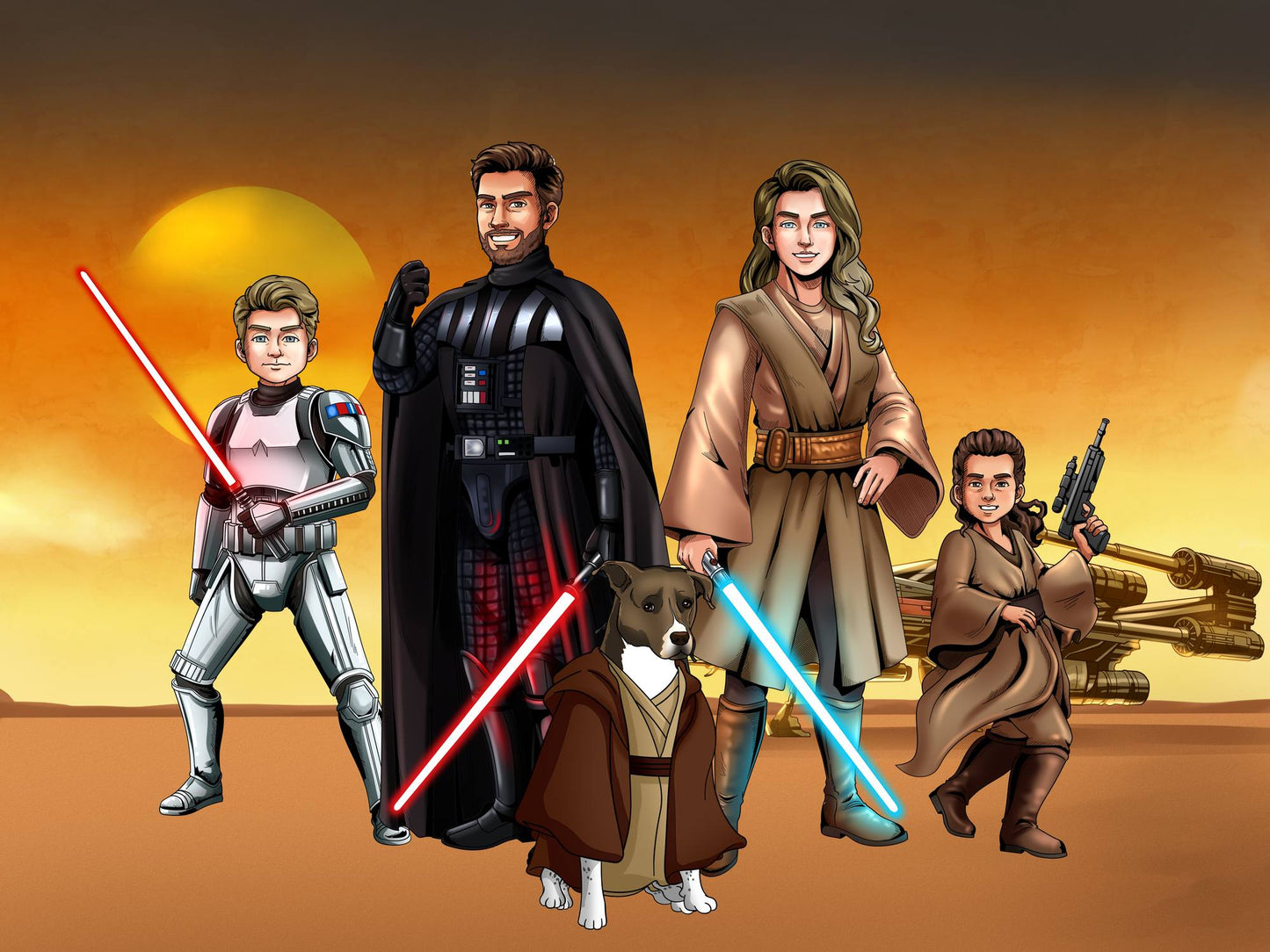 Custom Star Wars-style Jedi portrait of a large group — hand-drawn illustration with multiple people holding lightsabers