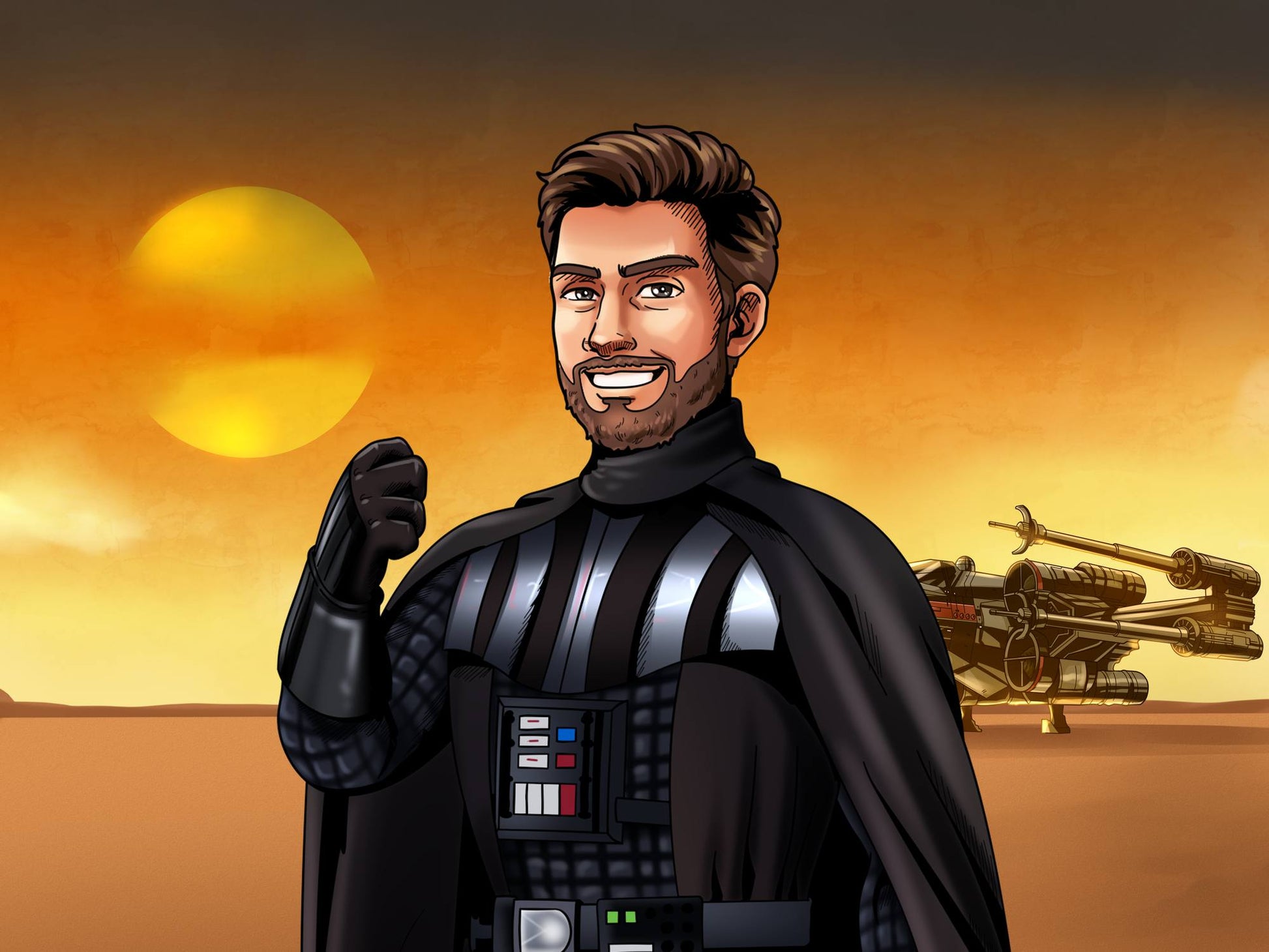 Custom Star Wars-style Jedi portrait of one person — hand-drawn illustration in Jedi robes with lightsaber