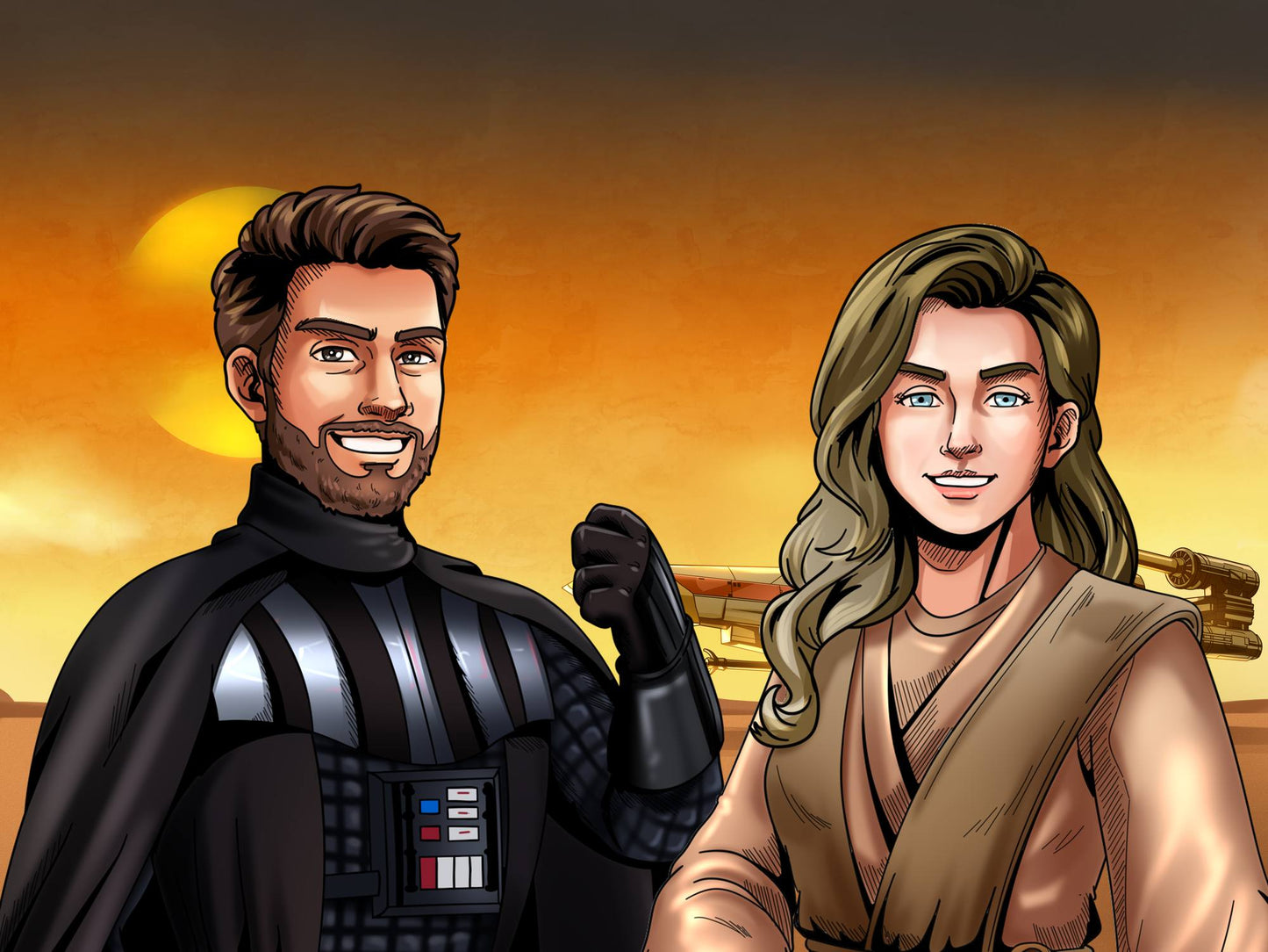 Custom Star Wars-style Jedi portrait of two people — hand-drawn couple illustration with lightsabers