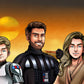 Custom Star Wars-style Jedi portrait of three people — hand-drawn group illustration with lightsabers