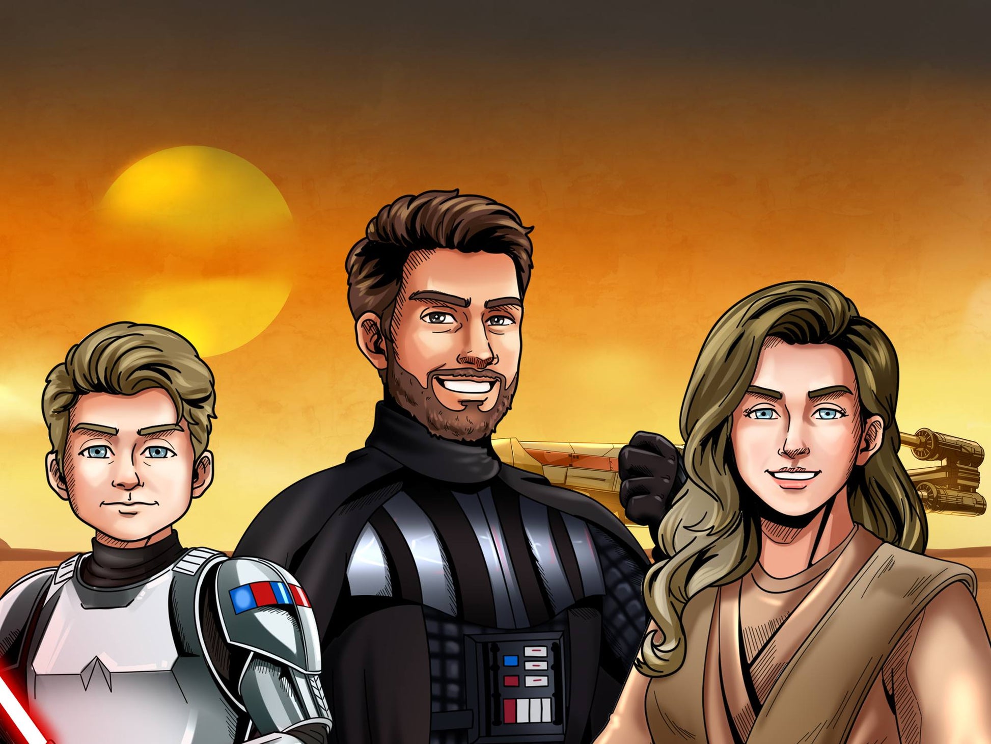 Custom Star Wars-style Jedi portrait of three people — hand-drawn group illustration with lightsabers