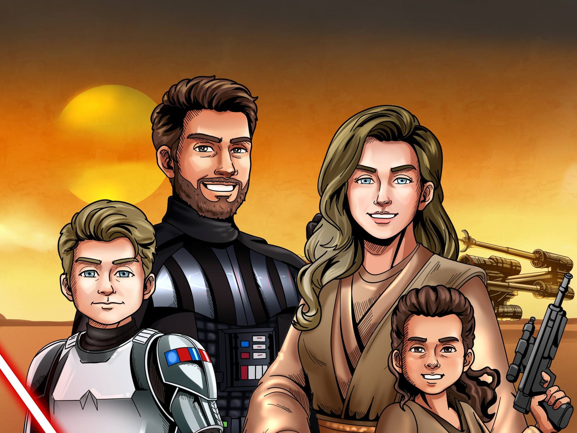 Custom Star Wars-style Jedi portrait of four people — hand-drawn family illustration with lightsabers