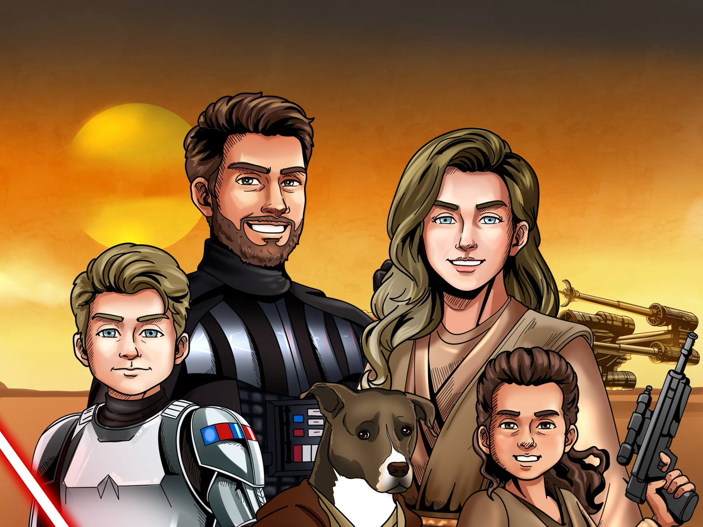 Custom Star Wars-style Jedi portrait of a large group — hand-drawn illustration with multiple people holding lightsabers