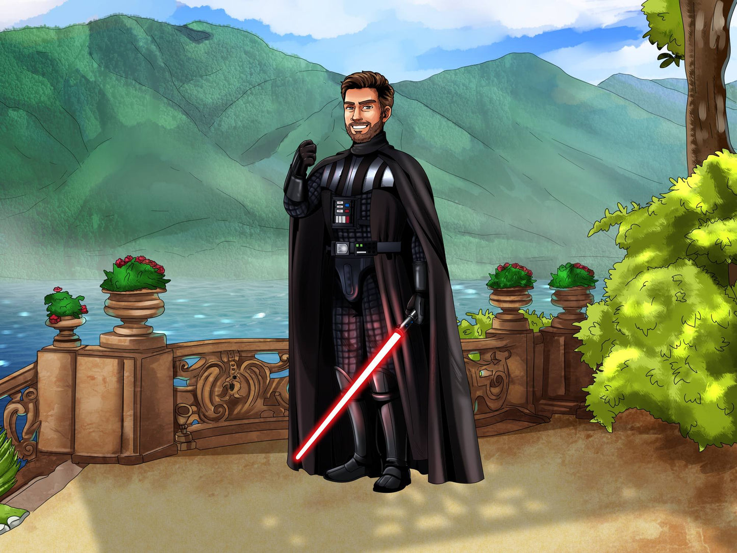 Custom Star Wars-style Jedi portrait of one person — hand-drawn illustration in Jedi robes with lightsaber