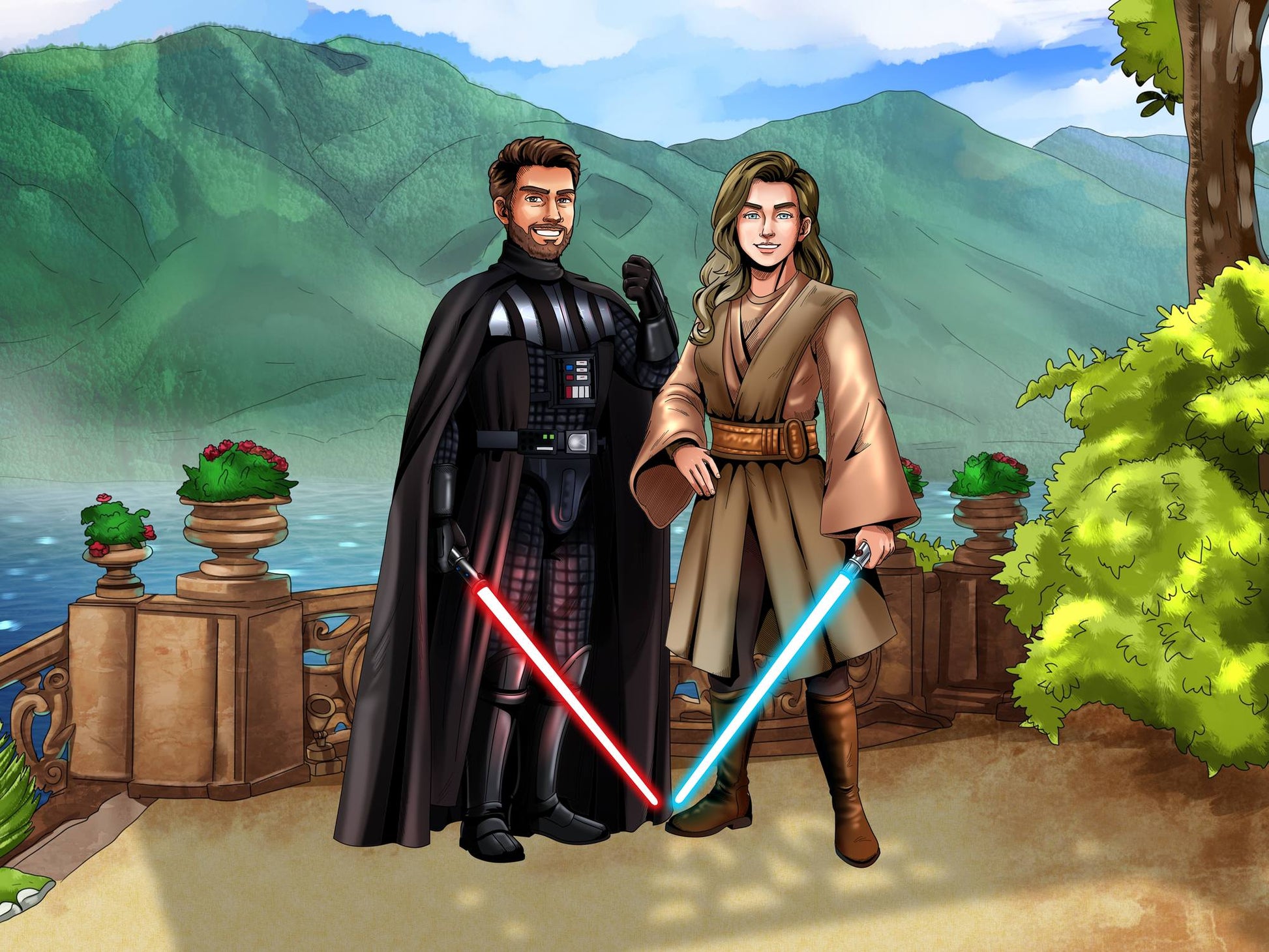 Custom Star Wars-style Jedi portrait of two people — hand-drawn couple illustration with lightsabers