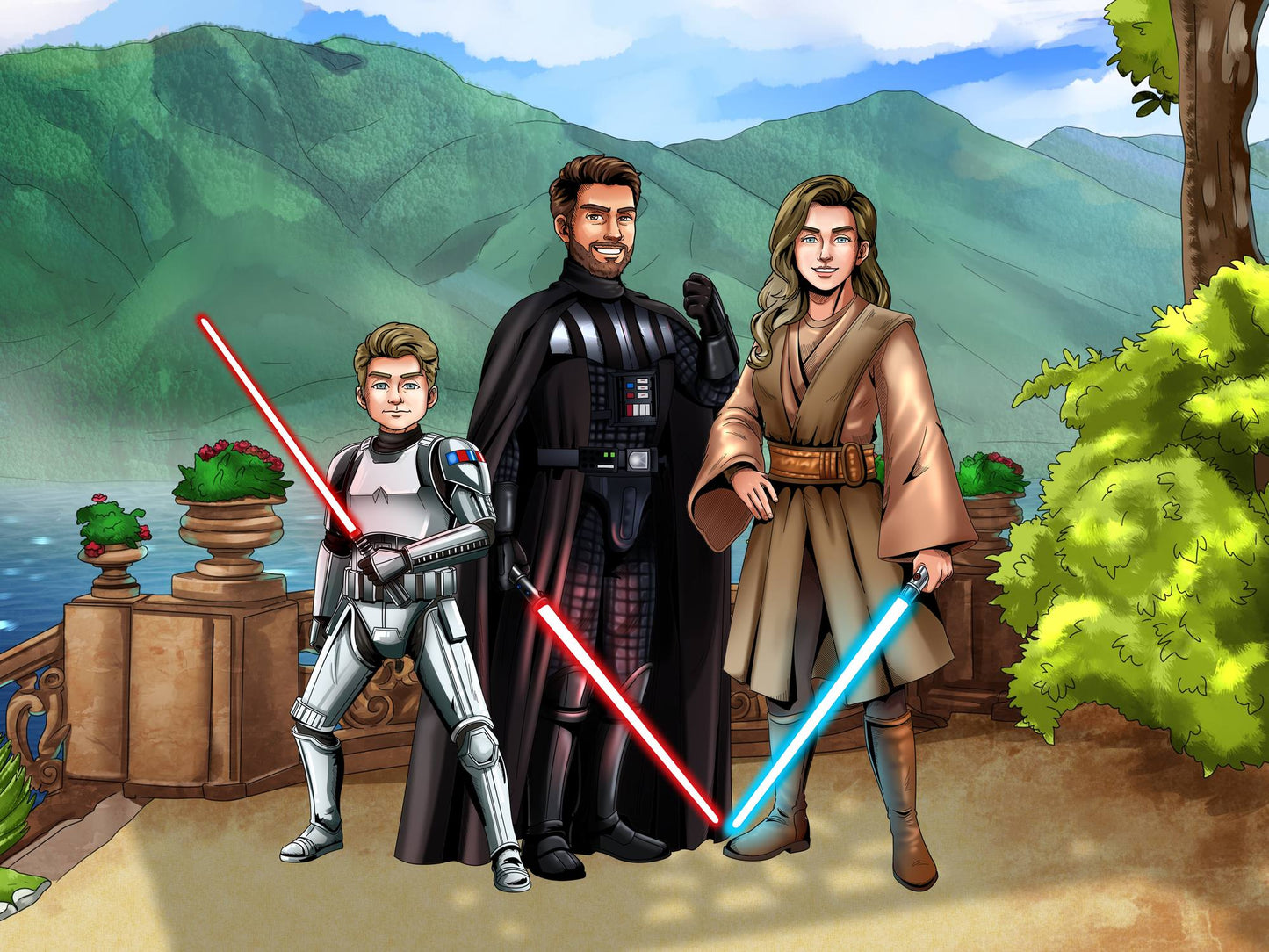 Custom Star Wars-style Jedi portrait of three people — hand-drawn group illustration with lightsabers