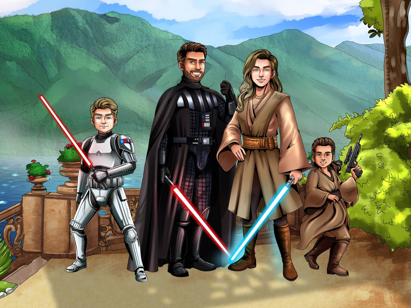 Custom Star Wars-style Jedi portrait of four people — hand-drawn family illustration with lightsabers