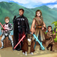 Custom Star Wars-style Jedi portrait of a large group — hand-drawn illustration with multiple people holding lightsabers