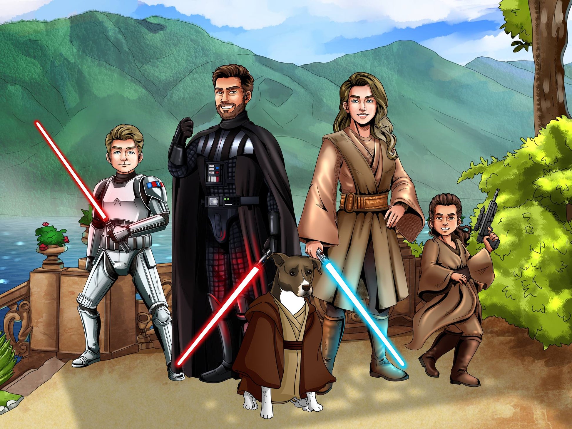 Custom Star Wars-style Jedi portrait of a large group — hand-drawn illustration with multiple people holding lightsabers