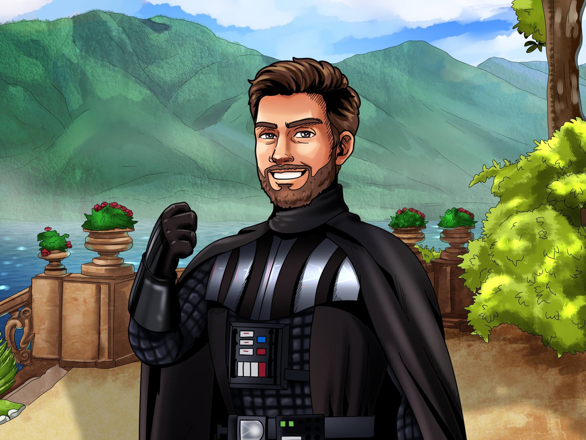 Custom Star Wars-style Jedi portrait of one person — hand-drawn illustration in Jedi robes with lightsaber