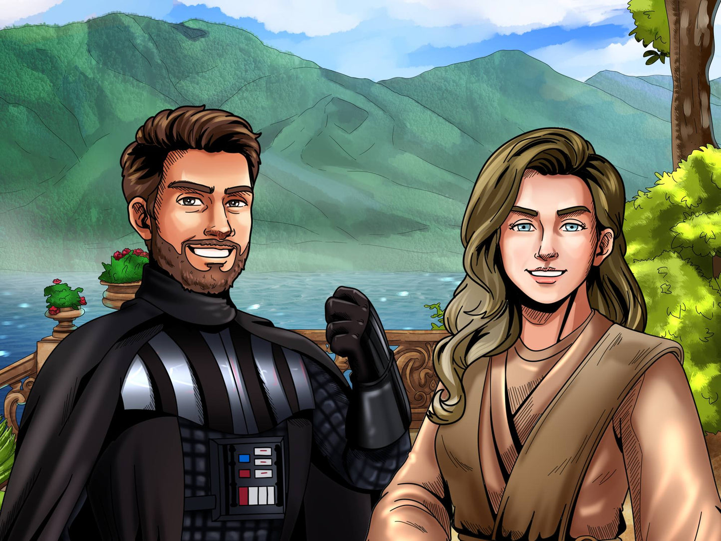 Custom Star Wars-style Jedi portrait of two people — hand-drawn couple illustration with lightsabers
