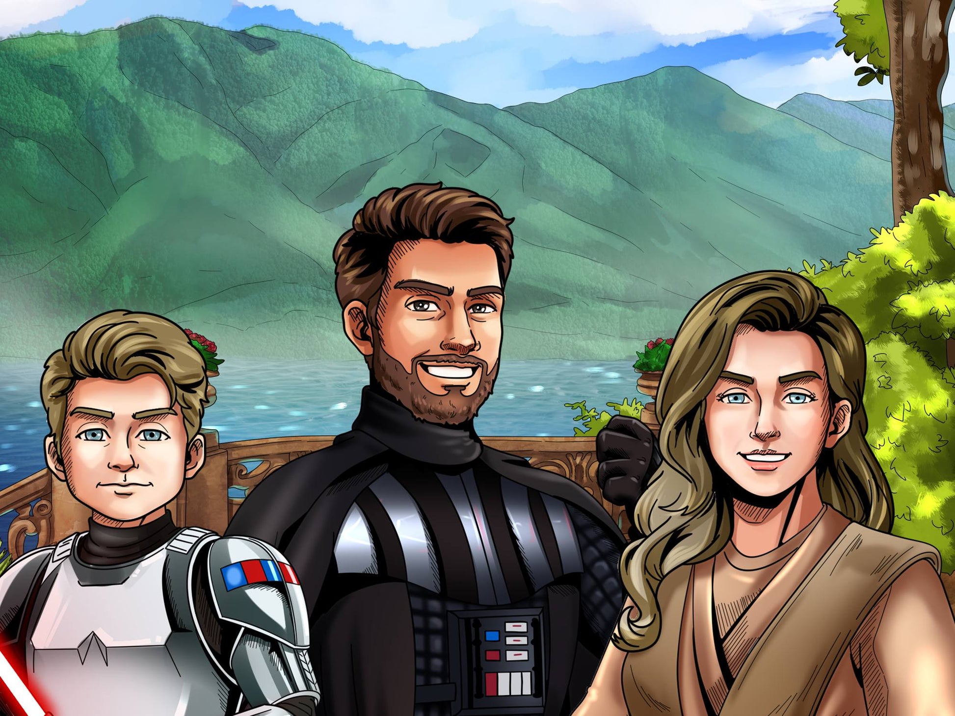 Custom Star Wars-style Jedi portrait of three people — hand-drawn group illustration with lightsabers