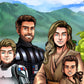 Custom Star Wars-style Jedi portrait of four people — hand-drawn family illustration with lightsabers