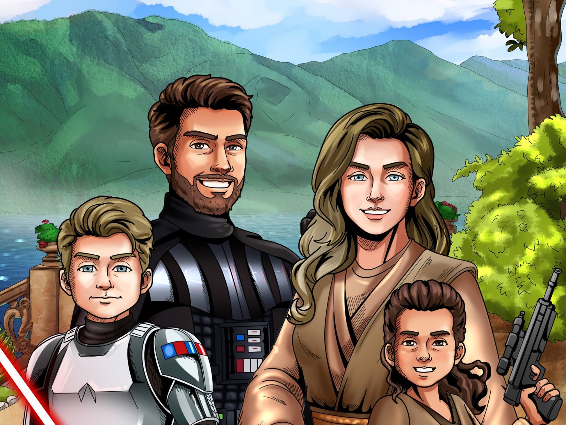 Custom Star Wars-style Jedi portrait of four people — hand-drawn family illustration with lightsabers