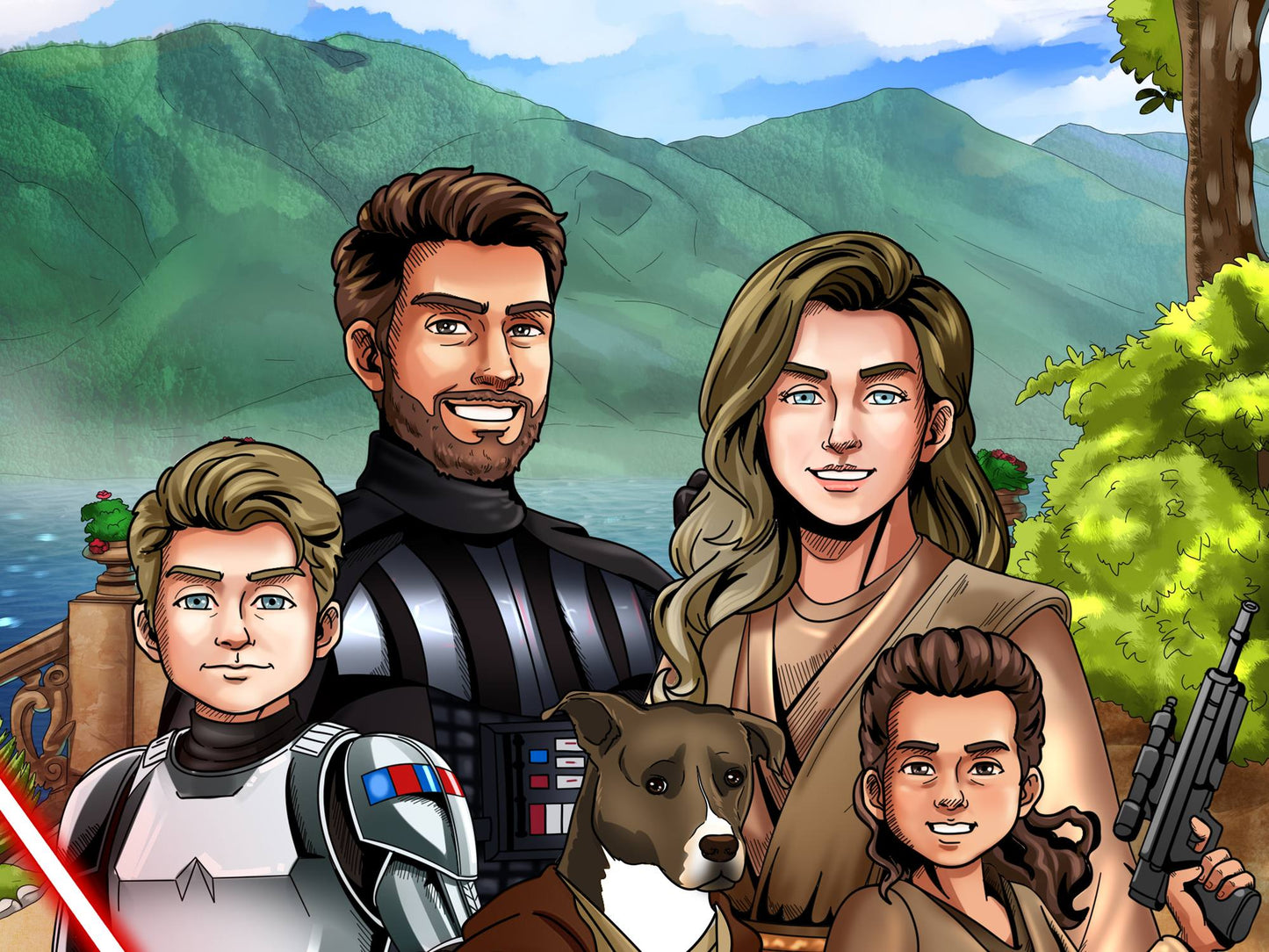 Custom Star Wars-style Jedi portrait of a large group — hand-drawn illustration with multiple people holding lightsabers