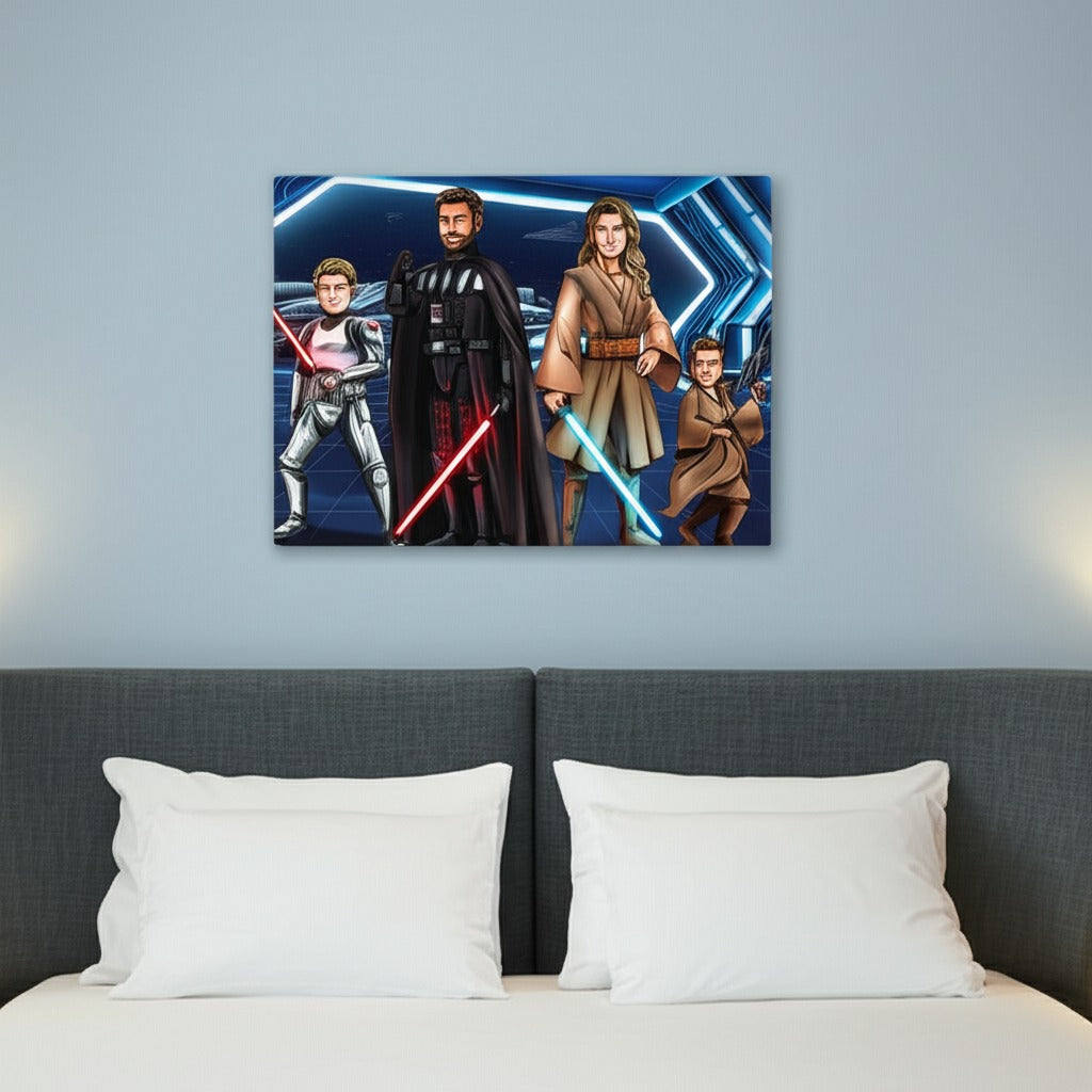 Custom Star Wars-style Jedi portrait printed on gallery canvas — hand-drawn illustration of a person in Sith robes holding a red lightsaber