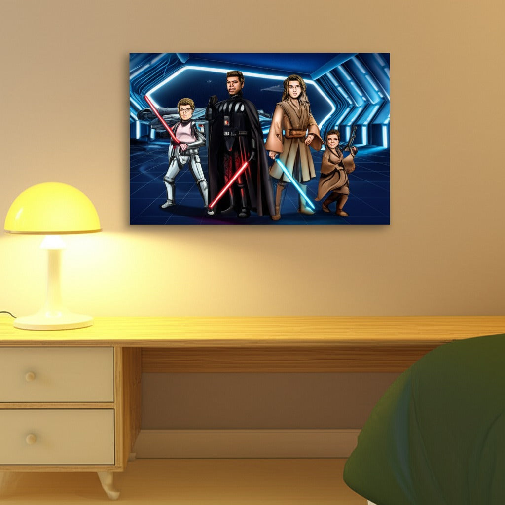 Custom Star Wars-style Sith portrait as an unframed poster print — hand-drawn illustration of a person in dark robes with a red lightsaber and space background